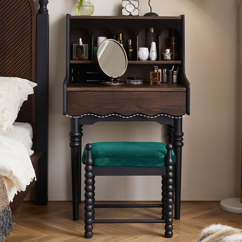 Traditional Vintage Rectangular Solid Wood Velvet Makeup Vanity & Vanity Stool Set 2-Tier For Bedroom