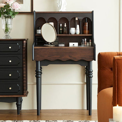 Traditional Vintage Rectangular Solid Wood Velvet Makeup Vanity & Vanity Stool Set 2-Tier For Bedroom