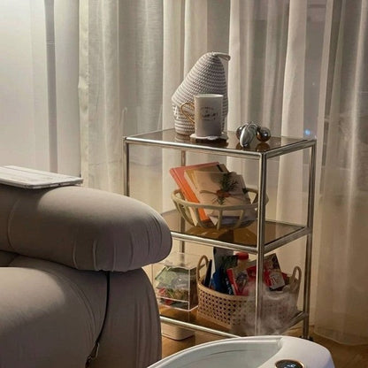 Modern Minimalist Square Rectangular Stainless Steel Glass End Table With Wheels 3-Tier Storage Rack For Living Room