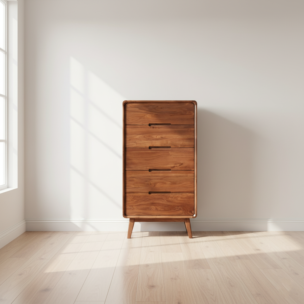Traditional Vintage Square Rectangular Walnut Storage Cabinet 5-Drawer For Living Room
