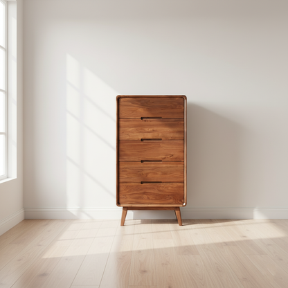 Traditional Vintage Square Rectangular Walnut Storage Cabinet 5-Drawer For Living Room