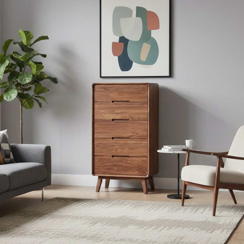 Traditional Vintage Square Rectangular Walnut Storage Cabinet 5-Drawer For Living Room