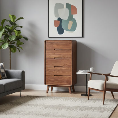 Traditional Vintage Square Rectangular Walnut Storage Cabinet 5-Drawer For Living Room