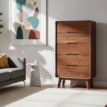 Traditional Vintage Square Rectangular Walnut Storage Cabinet 5-Drawer For Living Room