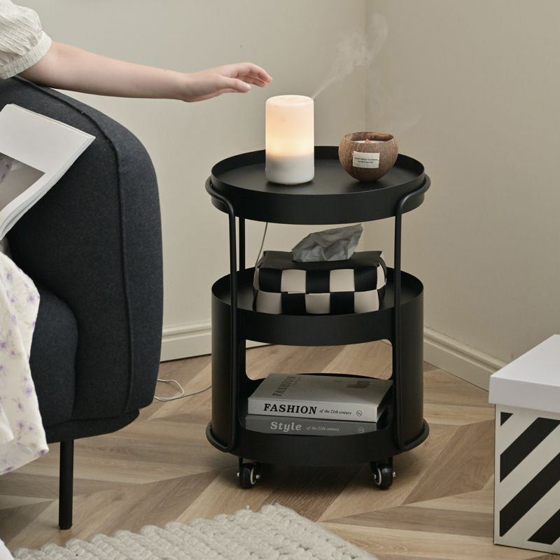 Modern Minimalist Round Tempered Glass Iron Movable End Table 3-Tier Storage Rack For Living Room