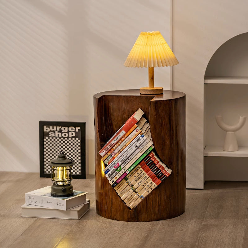 Traditional Vintage Round Resin Tree Stump End Table For Living Room
