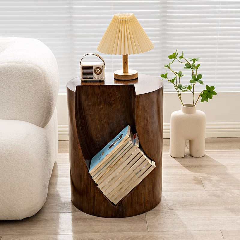 Traditional Vintage Round Resin Tree Stump End Table For Living Room