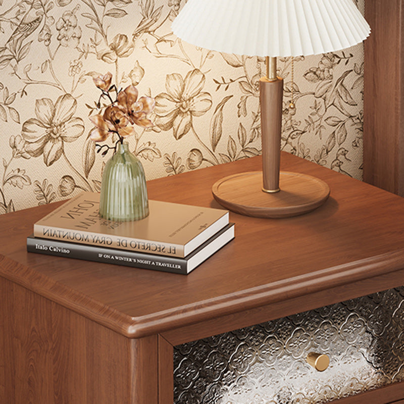 Traditional Vintage Square Rectangular Rubberwood Pine Wood Solid Wood Plywood Glass Nightstand 2-Drawer For Bedroom
