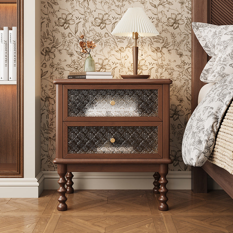 Traditional Vintage Square Rectangular Rubberwood Pine Wood Solid Wood Plywood Glass Nightstand 2-Drawer For Bedroom