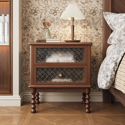 Traditional Vintage Square Rectangular Rubberwood Pine Wood Solid Wood Plywood Glass Nightstand 2-Drawer For Bedroom