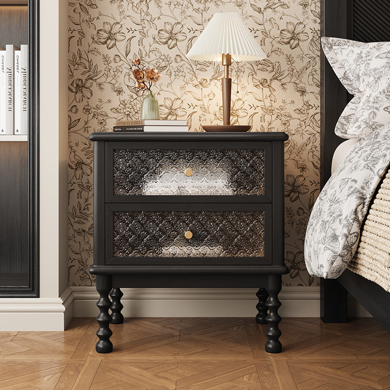 Traditional Vintage Square Rectangular Rubberwood Pine Wood Solid Wood Plywood Glass Nightstand 2-Drawer For Bedroom