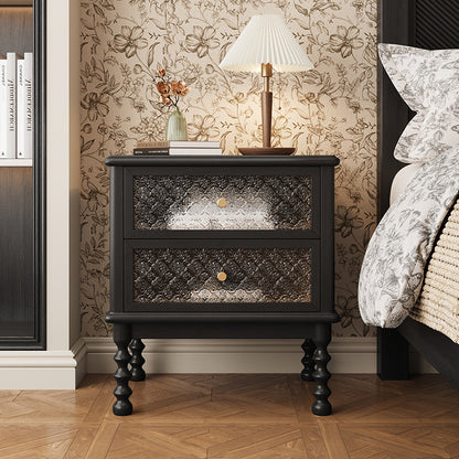Traditional Vintage Square Rectangular Rubberwood Pine Wood Solid Wood Plywood Glass Nightstand 2-Drawer For Bedroom