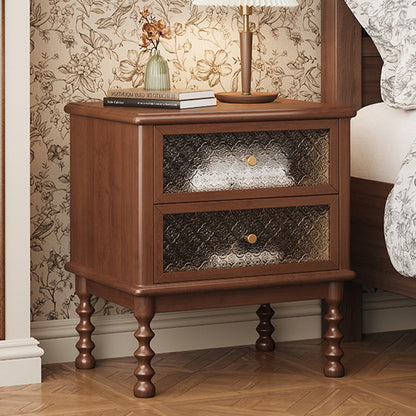Traditional Vintage Square Rectangular Rubberwood Pine Wood Solid Wood Plywood Glass Nightstand 2-Drawer For Bedroom