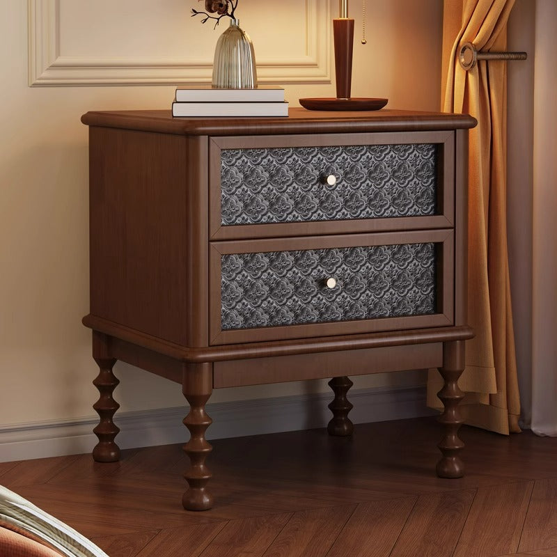 Traditional Vintage Square Rectangular Rubberwood Pine Wood Solid Wood Plywood Glass Nightstand 2-Drawer For Bedroom