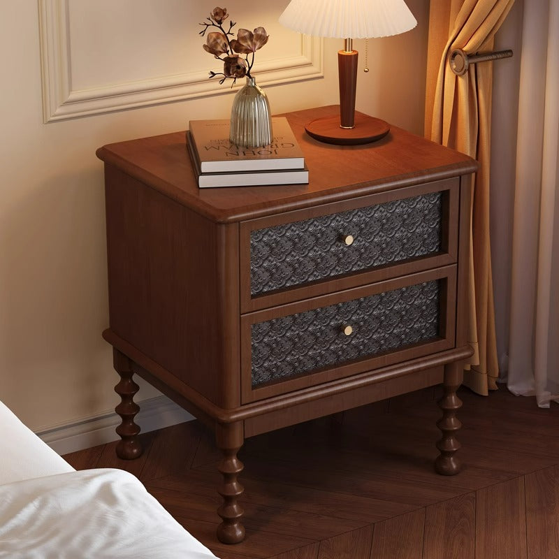 Traditional Vintage Square Rectangular Rubberwood Pine Wood Solid Wood Plywood Glass Nightstand 2-Drawer For Bedroom