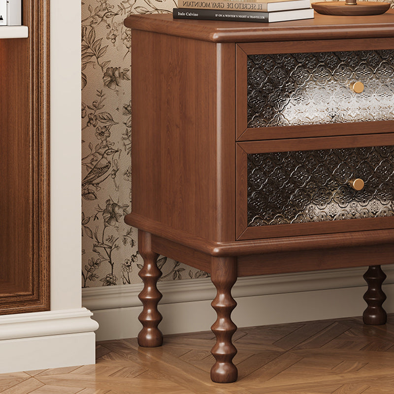Traditional Vintage Square Rectangular Rubberwood Pine Wood Solid Wood Plywood Glass Nightstand 2-Drawer For Bedroom