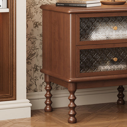 Traditional Vintage Square Rectangular Rubberwood Pine Wood Solid Wood Plywood Glass Nightstand 2-Drawer For Bedroom