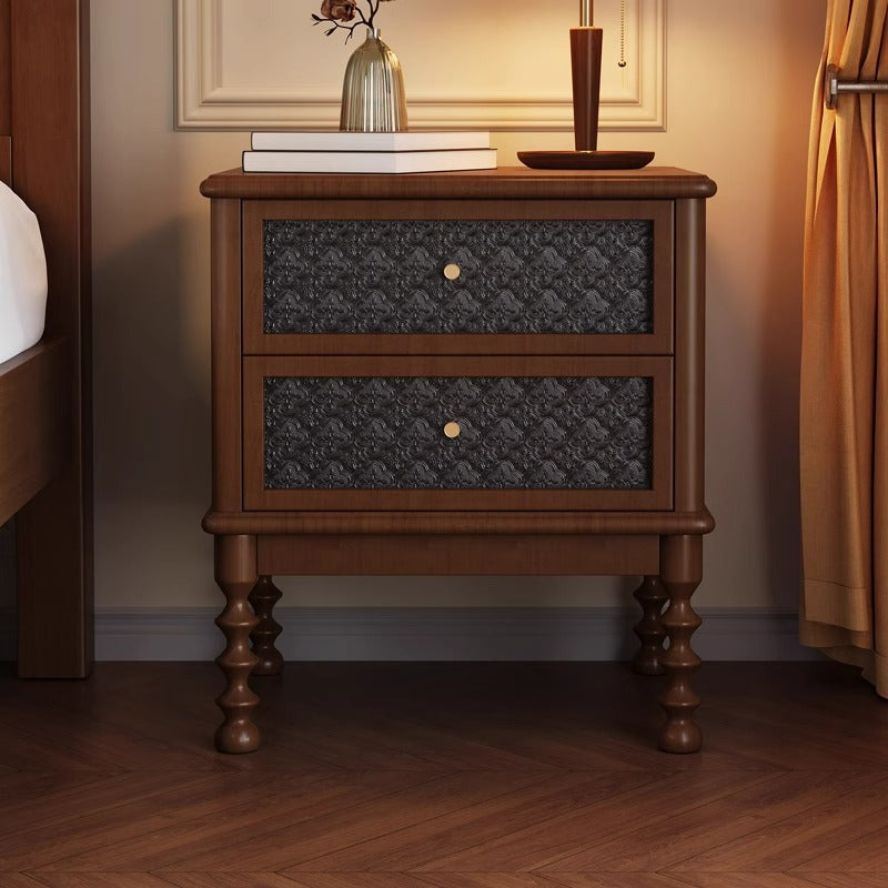Traditional Vintage Square Rectangular Rubberwood Pine Wood Solid Wood Plywood Glass Nightstand 2-Drawer For Bedroom