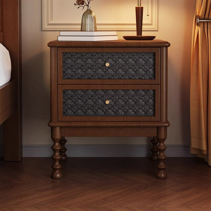 Traditional Vintage Square Rectangular Rubberwood Pine Wood Solid Wood Plywood Glass Nightstand 2-Drawer For Bedroom