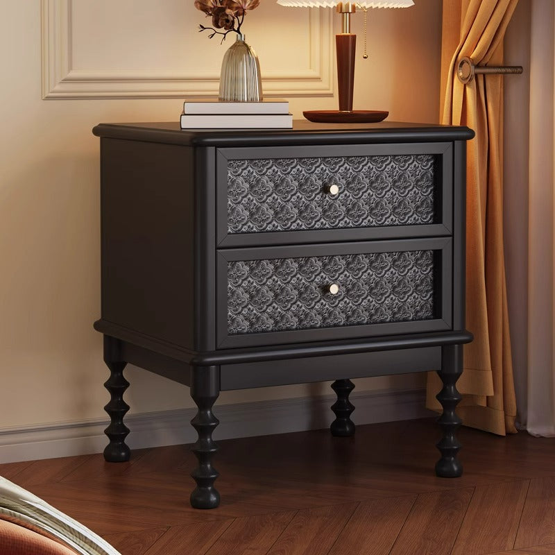 Traditional Vintage Square Rectangular Rubberwood Pine Wood Solid Wood Plywood Glass Nightstand 2-Drawer For Bedroom