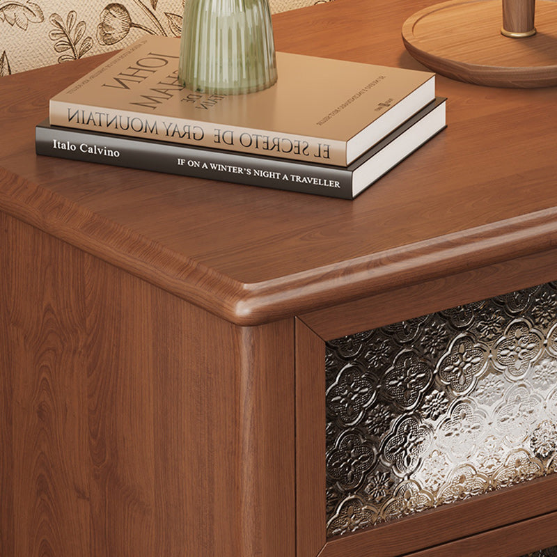Traditional Vintage Square Rectangular Rubberwood Pine Wood Solid Wood Plywood Glass Nightstand 2-Drawer For Bedroom