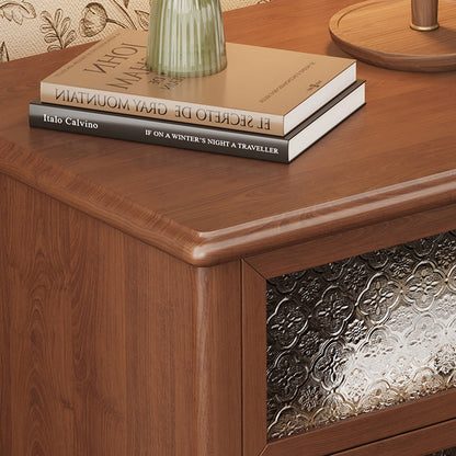 Traditional Vintage Square Rectangular Rubberwood Pine Wood Solid Wood Plywood Glass Nightstand 2-Drawer For Bedroom