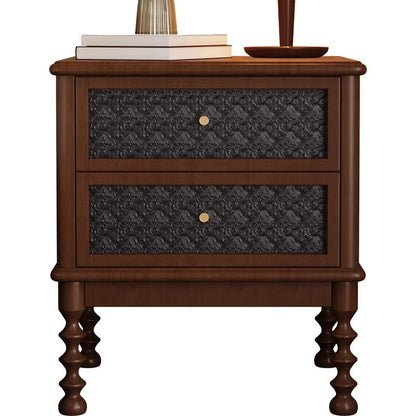 Traditional Vintage Square Rectangular Rubberwood Pine Wood Solid Wood Plywood Glass Nightstand 2-Drawer For Bedroom