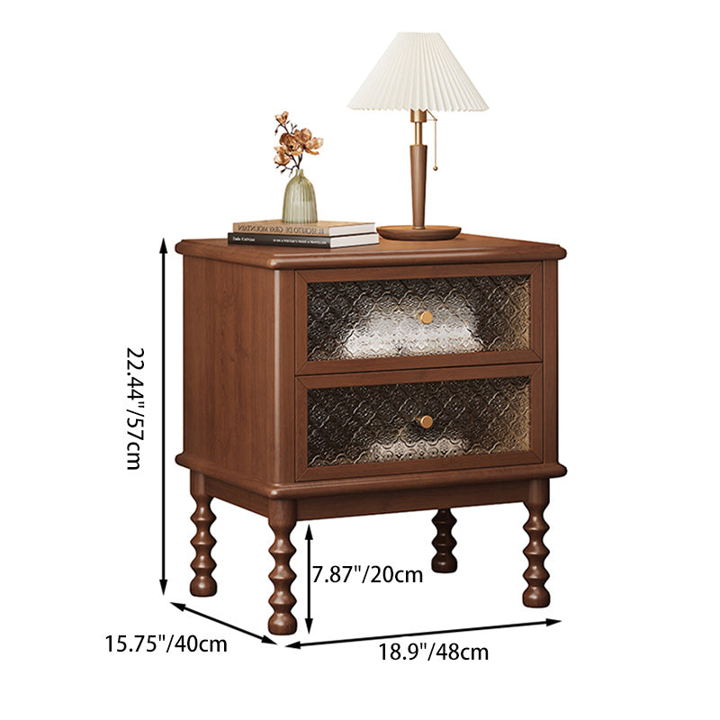 Traditional Vintage Square Rectangular Rubberwood Pine Wood Solid Wood Plywood Glass Nightstand 2-Drawer For Bedroom