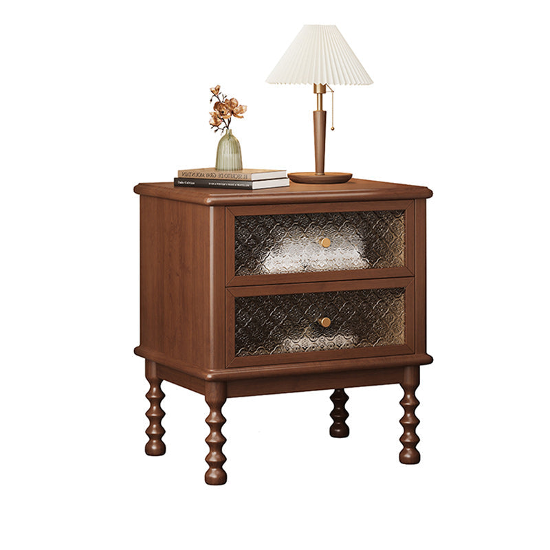Traditional Vintage Square Rectangular Rubberwood Pine Wood Solid Wood Plywood Glass Nightstand 2-Drawer For Bedroom