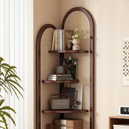 Traditional Chinese Fan-shaped Curved Nan Bamboo Rattan Weaving Corner Shelf Unit 4-Tier For Living Room