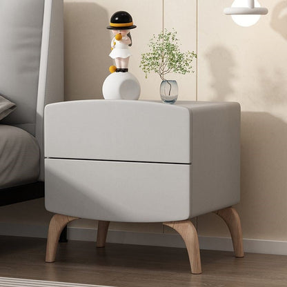 Modern Minimalist Square Rectangular Cat Scratch Leather Solid Wood Nightstand 2-Drawer For Bedroom