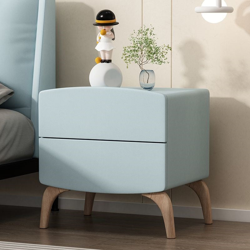 Modern Minimalist Square Rectangular Cat Scratch Leather Solid Wood Nightstand 2-Drawer For Bedroom