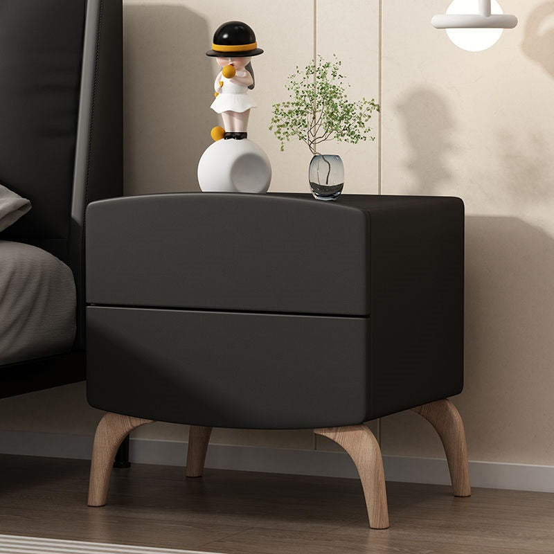 Modern Minimalist Square Rectangular Cat Scratch Leather Solid Wood Nightstand 2-Drawer For Bedroom