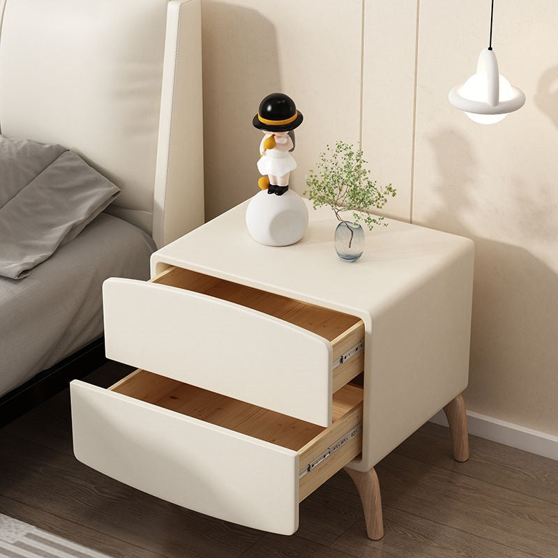 Modern Minimalist Square Rectangular Cat Scratch Leather Solid Wood Nightstand 2-Drawer For Bedroom