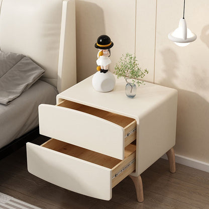 Modern Minimalist Square Rectangular Cat Scratch Leather Solid Wood Nightstand 2-Drawer For Bedroom