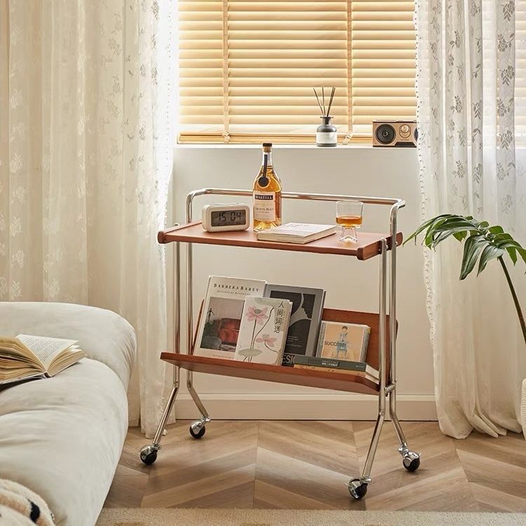 Traditional Vintage Rectangular Rubberwood Iron Movable End Table 2-Tier For Living Room