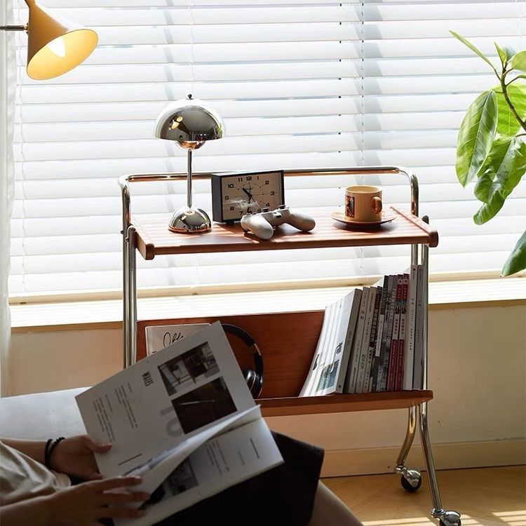 Traditional Vintage Rectangular Rubberwood Iron Movable End Table 2-Tier For Living Room