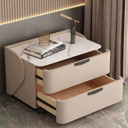 Modern Minimalist Rectangular Microfiber Leather Rock Slab Pine Wood Solid Wood Plywood Nightstand 2-Drawer For Bedroom