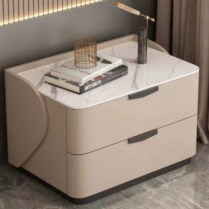 Modern Minimalist Rectangular Microfiber Leather Rock Slab Pine Wood Solid Wood Plywood Nightstand 2-Drawer For Bedroom