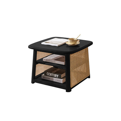 Traditional Japanese Square Rectangular Solid Wood Rattan Weaving Coffee Table 3-Tier For Living Room