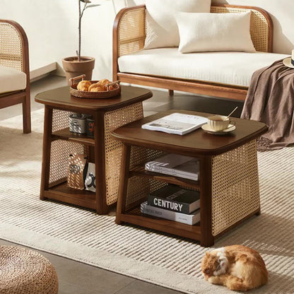 Traditional Japanese Square Rectangular Solid Wood Rattan Weaving Coffee Table 3-Tier For Living Room