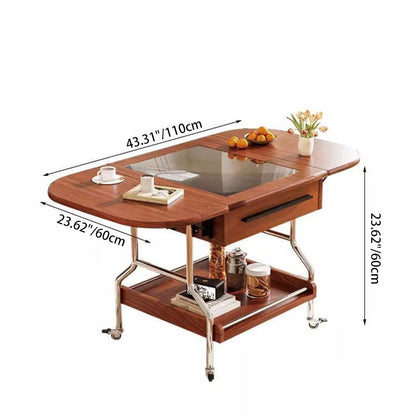 Traditional Chinese Square Rectangular Curved MDF Stainless Steel Glass Foldable Movable Coffee Table 2-Drawer For Living Room
