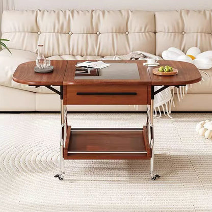 Traditional Chinese Square Rectangular Curved MDF Stainless Steel Glass Foldable Movable Coffee Table 2-Drawer For Living Room