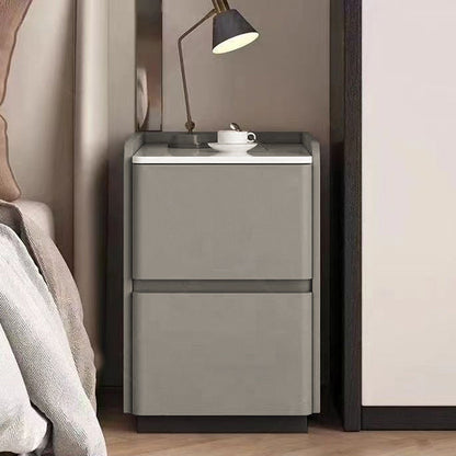 Modern Minimalist Square Rectangular Sintered Stone Cat Scratch Leather Solid Wood Plywood Nightstand 2-Drawer For Bedroom