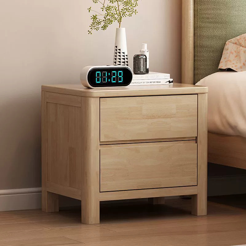 Contemporary Nordic Square Rectangular Pine Wood Rubberwood Plywood Lockable Nightstand 2-Drawer For Bedroom