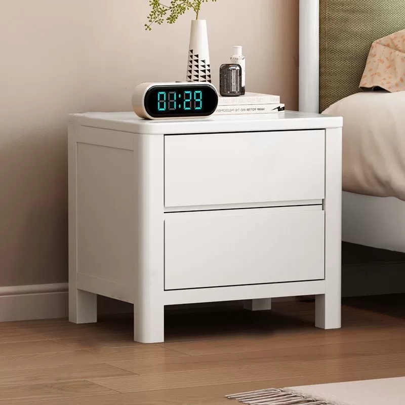 Contemporary Nordic Square Rectangular Pine Wood Rubberwood Plywood Lockable Nightstand 2-Drawer For Bedroom