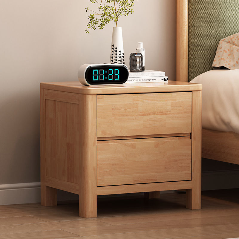 Contemporary Nordic Square Rectangular Pine Wood Rubberwood Plywood Lockable Nightstand 2-Drawer For Bedroom