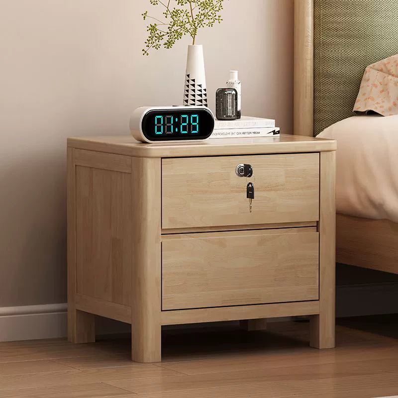 Contemporary Nordic Square Rectangular Pine Wood Rubberwood Plywood Lockable Nightstand 2-Drawer For Bedroom