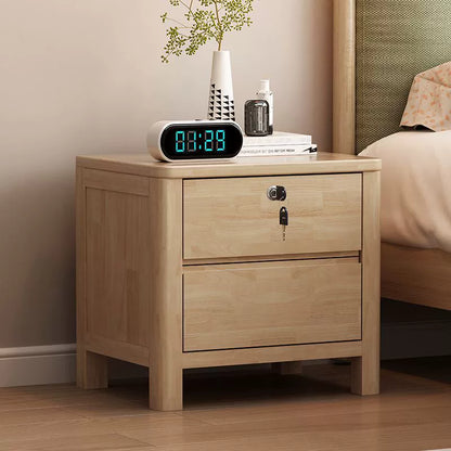 Contemporary Nordic Square Rectangular Pine Wood Rubberwood Plywood Lockable Nightstand 2-Drawer For Bedroom