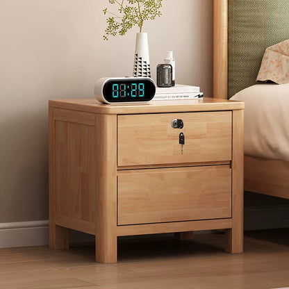 Contemporary Nordic Square Rectangular Pine Wood Rubberwood Plywood Lockable Nightstand 2-Drawer For Bedroom